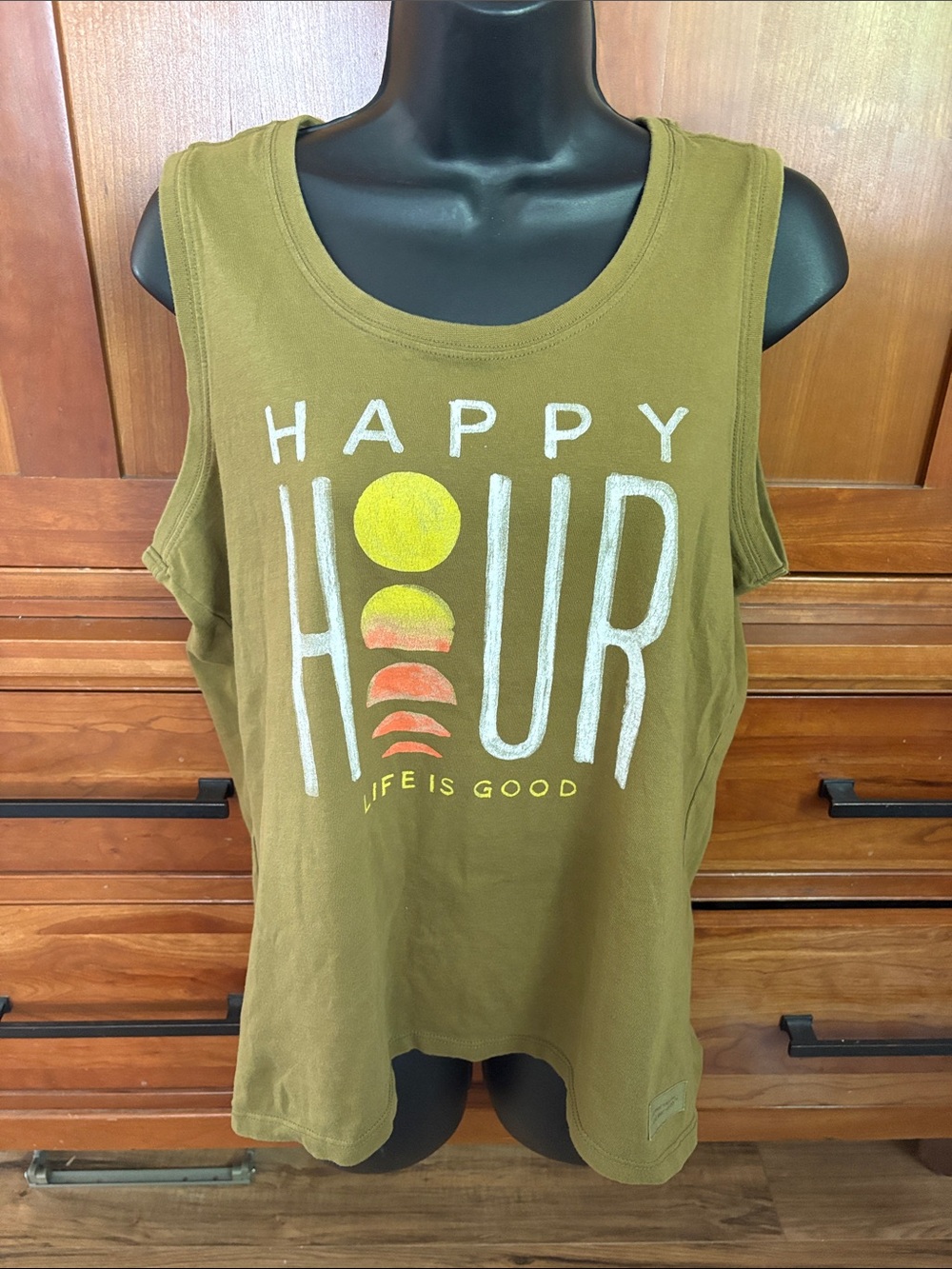 Life Is Good Life is Good olive green sleeveless "Happy Hour" graphic tank
